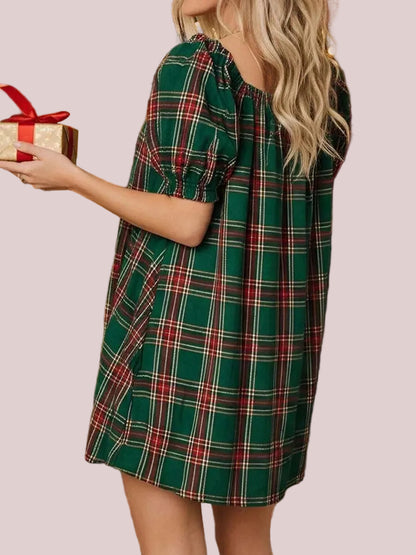 Women's Gingham Square Neck Bow Puff Sleeve Mini Dress
