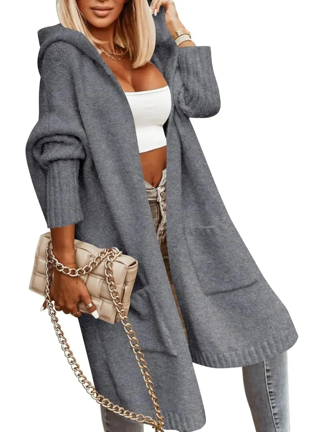 Women's Fall Winter Casual Long Sleeve Hooded Knit Sweater Coat