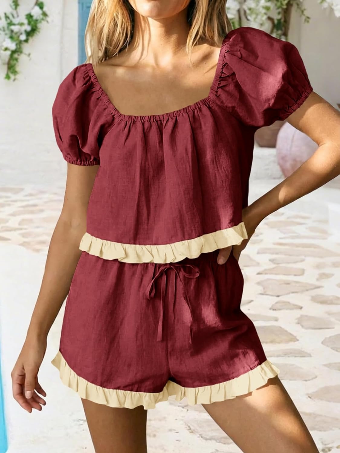 Women's Square Neck Frill Trim Matching Outfit