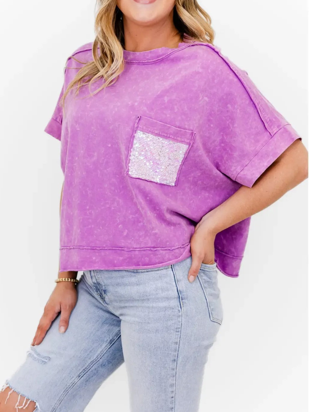 Women's Sequin Pocket Washed Oversized Tee