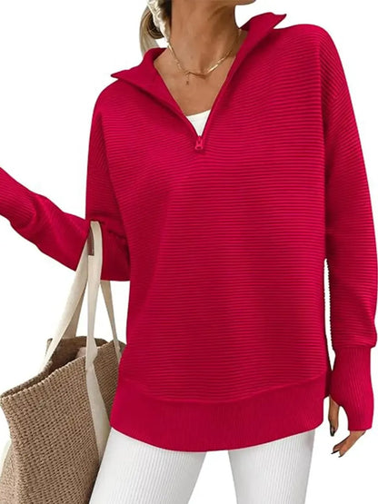 Women's Textured Half‑Zip Collared Top With Thumb Holes