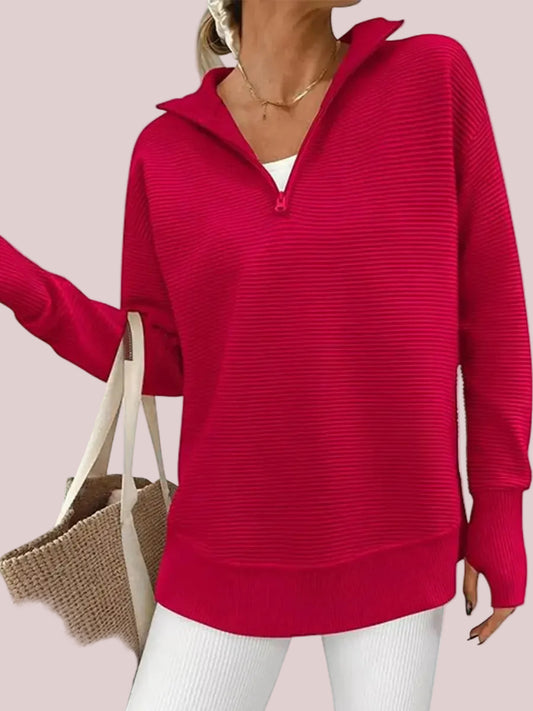 Women's Textured Half‑Zip Collared Top With Thumb Holes