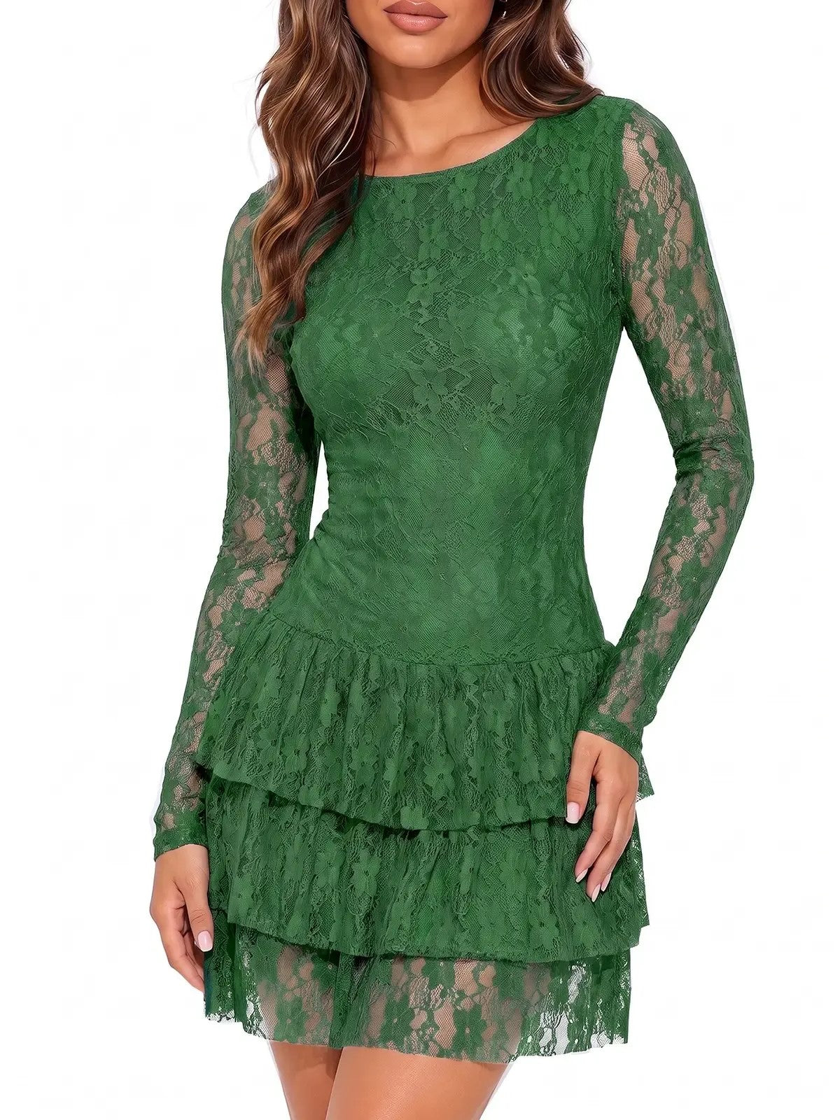 Women's Elegant Lace Long Sleeve Fitted Mini Dress