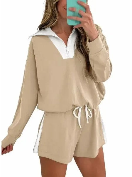 Women's Contrast Trim Polo Loungewear Short Set
