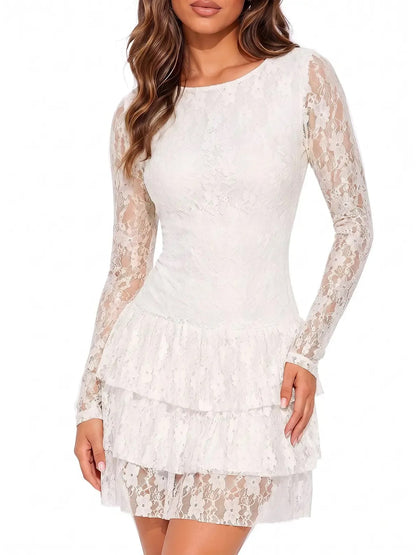 Women's Elegant Lace Long Sleeve Fitted Mini Dress
