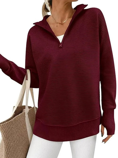 Women's Textured Half‑Zip Collared Top With Thumb Holes