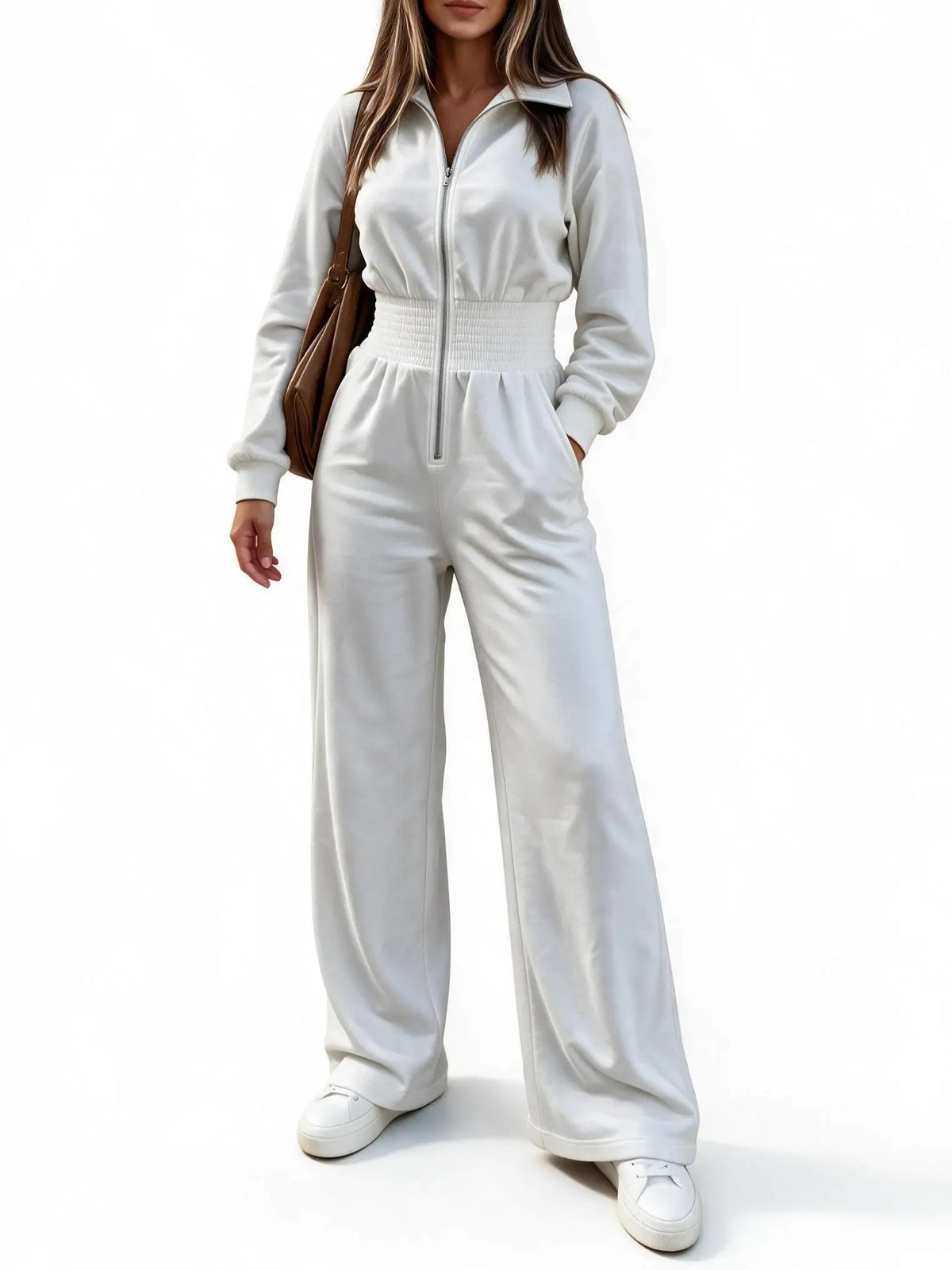 Women's Smocked Waist Zip Front Jumpsuit