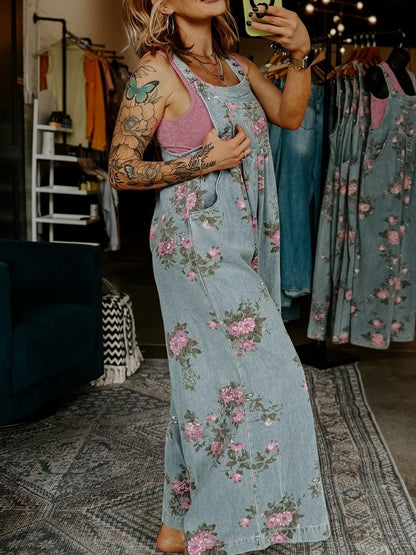 Women's Vintage Floral Denim Wide Leg Jumpsuit
