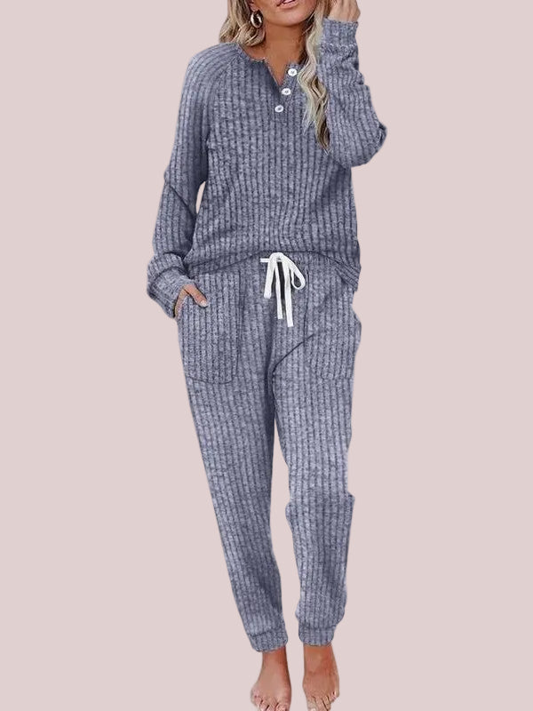 Women's Ribbed Knit Henley Loungewear Set