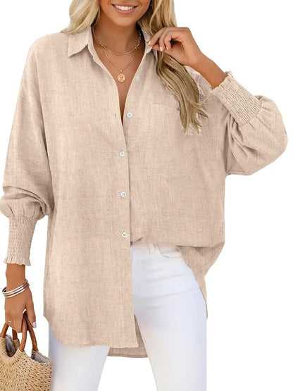 Women's Oversized Smocked‑Cuff Button‑Down Shirt