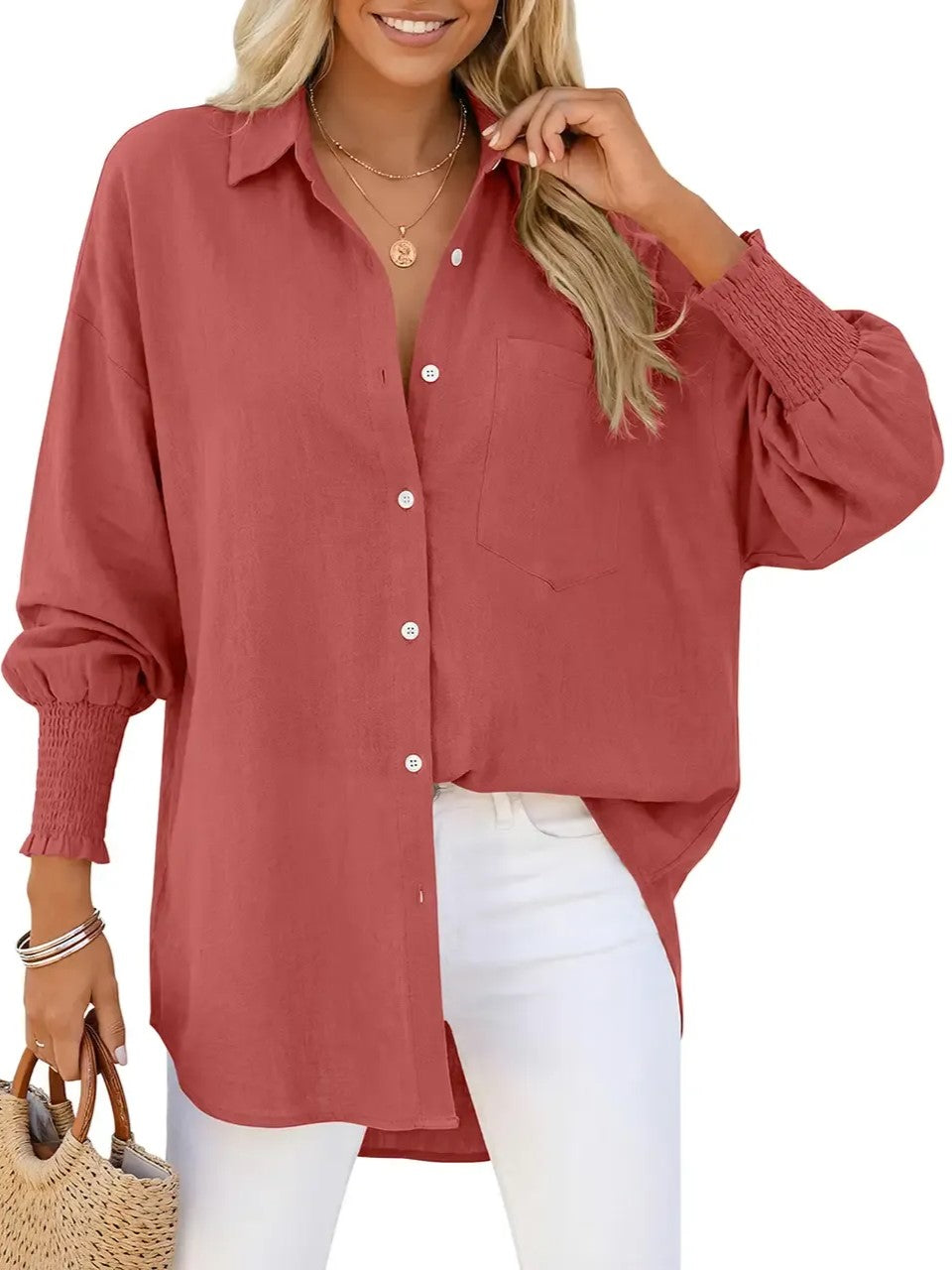 Women's Oversized Smocked‑Cuff Button‑Down Shirt