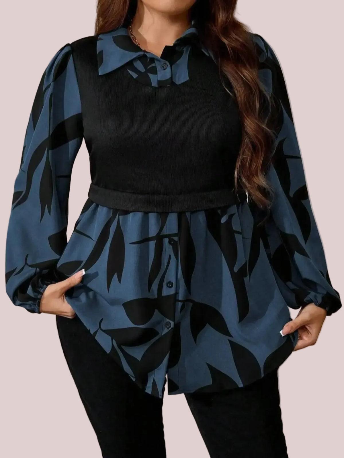 Women's Curvy Fit Long Sleeve Button Front Printed Blouse