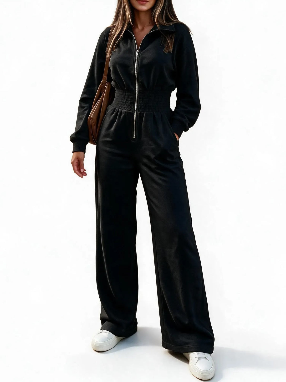 Women's Smocked Waist Zip Front Jumpsuit