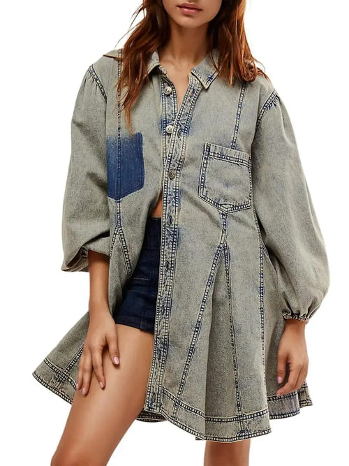 Women's Vintage Puff‑Sleeve Button‑Front Shirt Dress