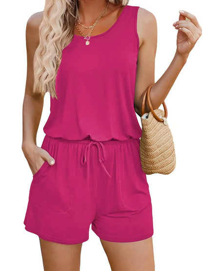 Women's Drawstring Waist Sleeveless Romper with Pockets