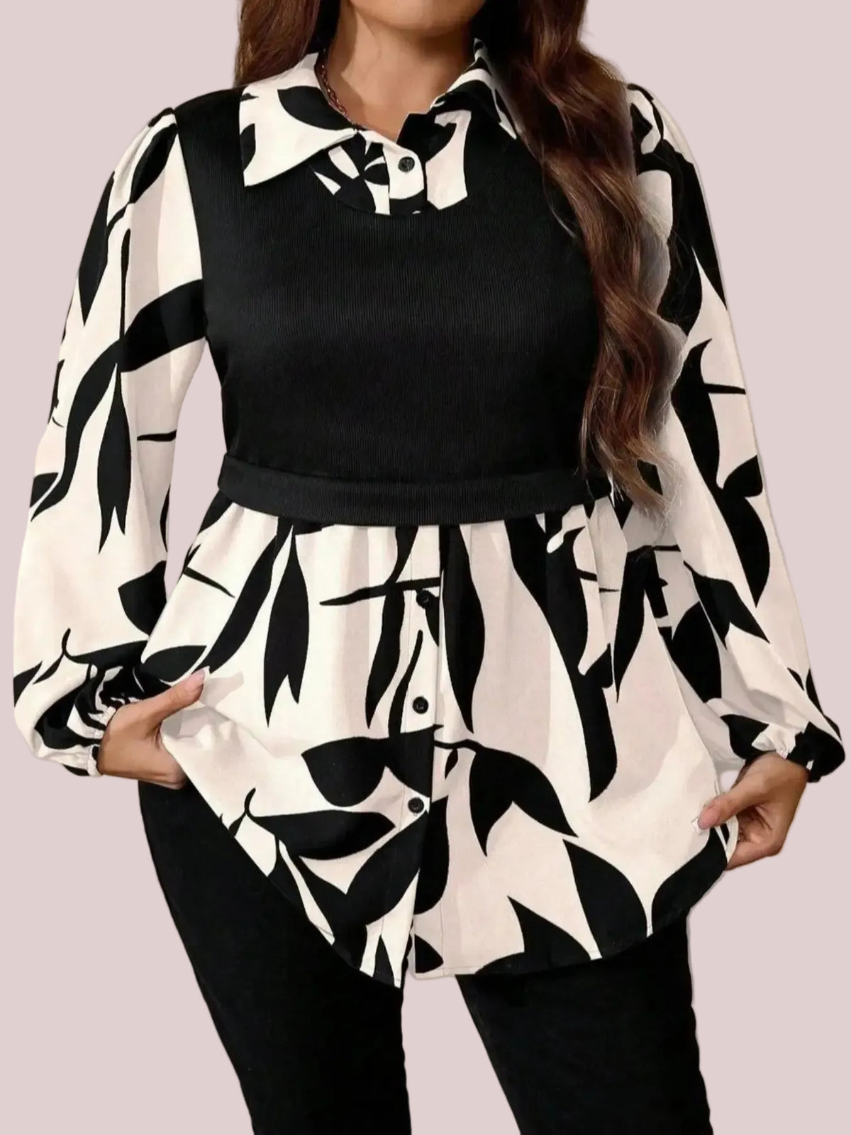 Women's Curvy Fit Long Sleeve Button Front Printed Blouse