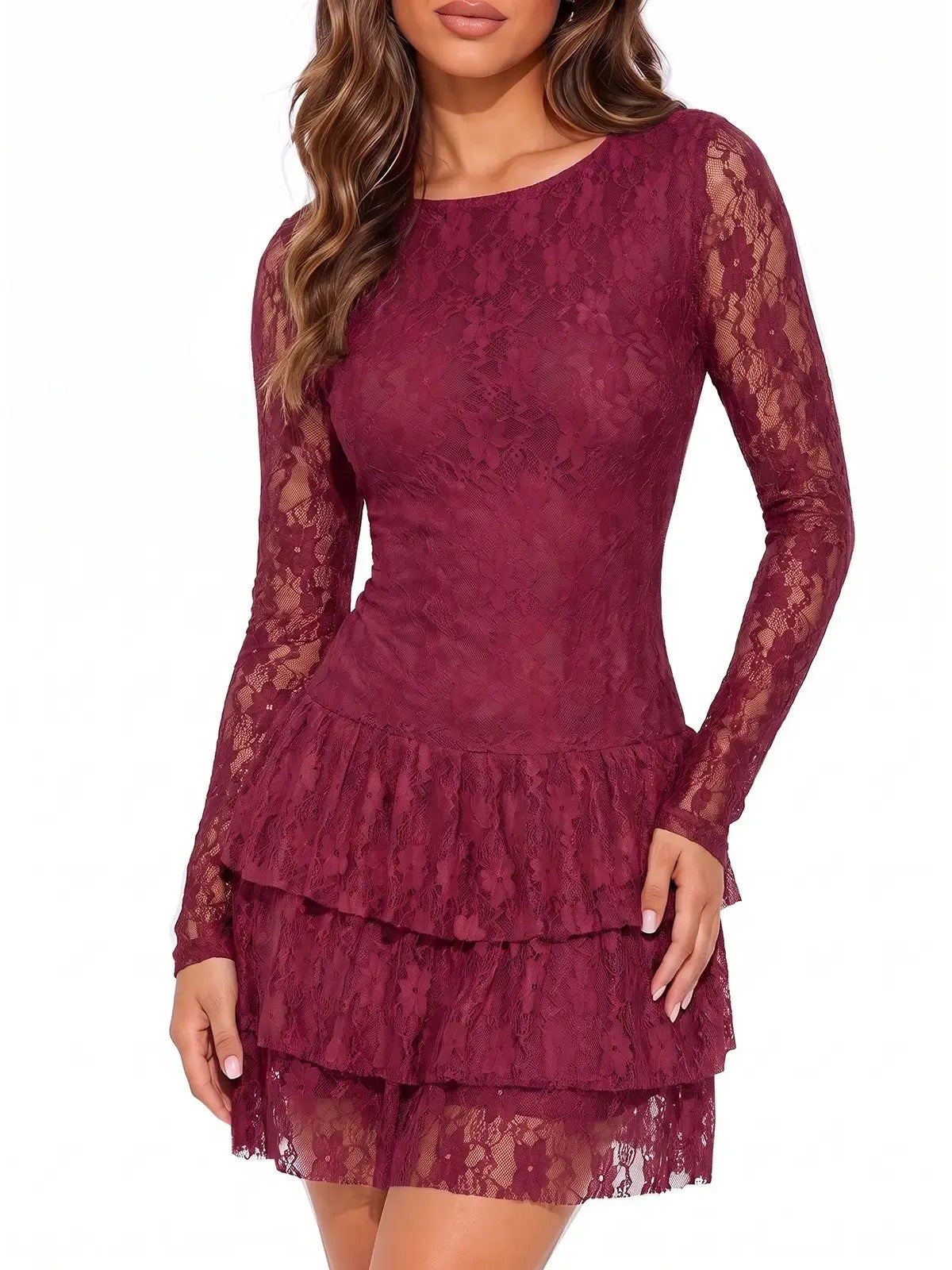 Women's Elegant Lace Long Sleeve Fitted Mini Dress