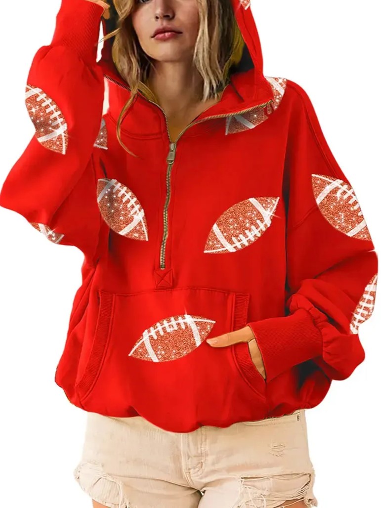 Sparkly Football Pocket Half Zip Pullover