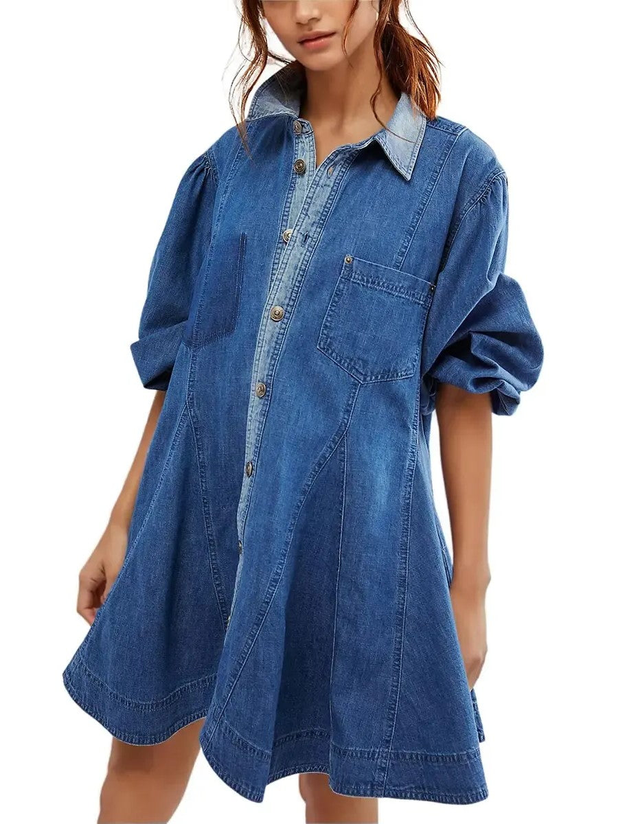 Women's Vintage Puff‑Sleeve Button‑Front Shirt Dress