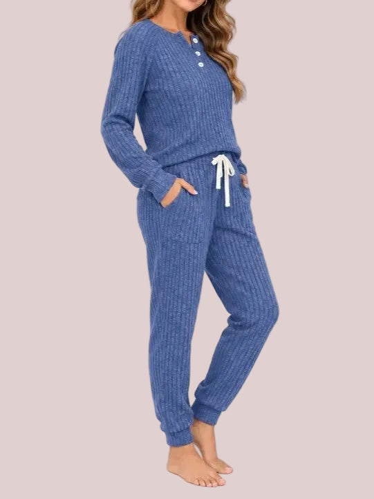 Women's Ribbed Knit Henley Loungewear Set