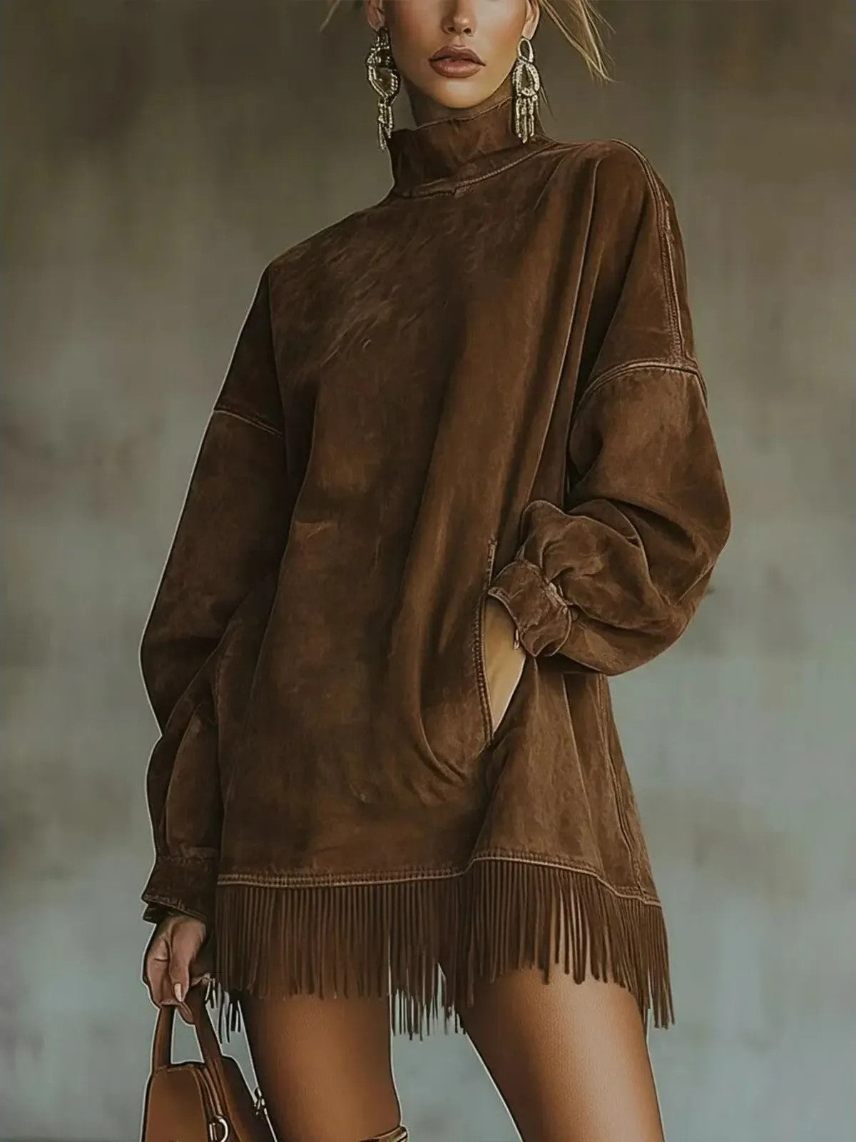 Women's High Neck Fringe Trim Dress