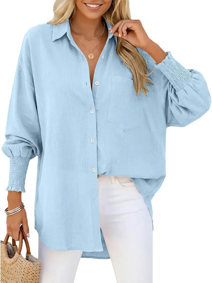 Women's Oversized Smocked‑Cuff Button‑Down Shirt