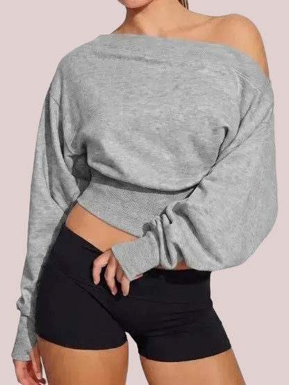 Women's Off Shoulder Cropped Sweatshirt with Thumb Holes