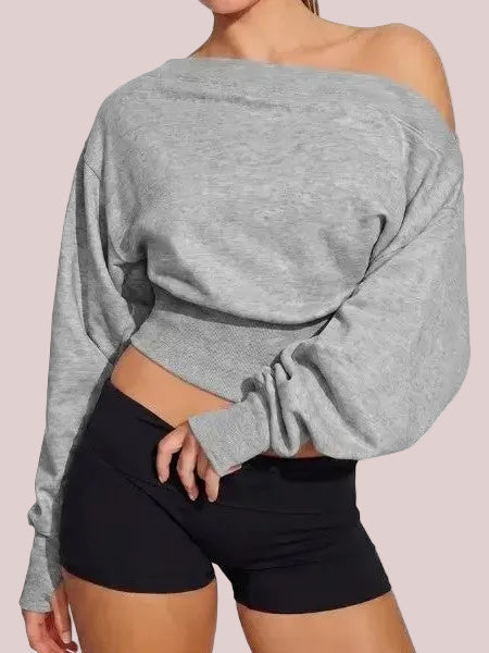 Women's Off Shoulder Cropped Sweatshirt with Thumb Holes