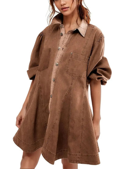 Women's Vintage Puff‑Sleeve Button‑Front Shirt Dress
