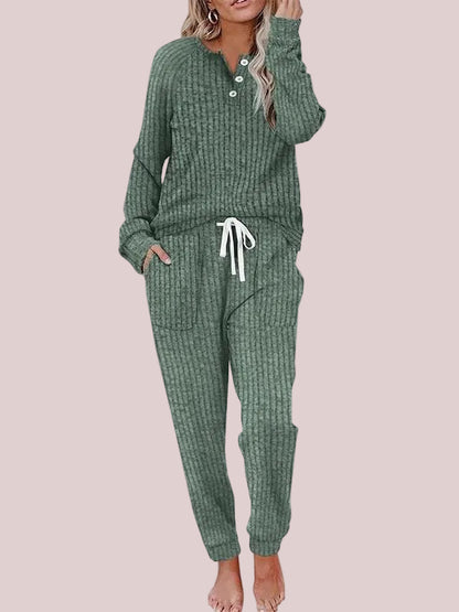 Women's Ribbed Knit Henley Loungewear Set