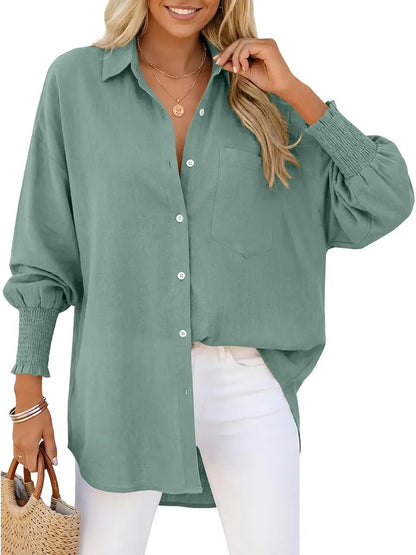Women's Oversized Smocked‑Cuff Button‑Down Shirt