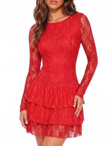Women's Elegant Lace Long Sleeve Fitted Mini Dress