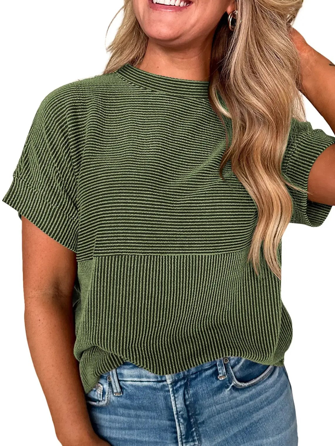 Women's Mixed Texture Striped Crew Neck Tee