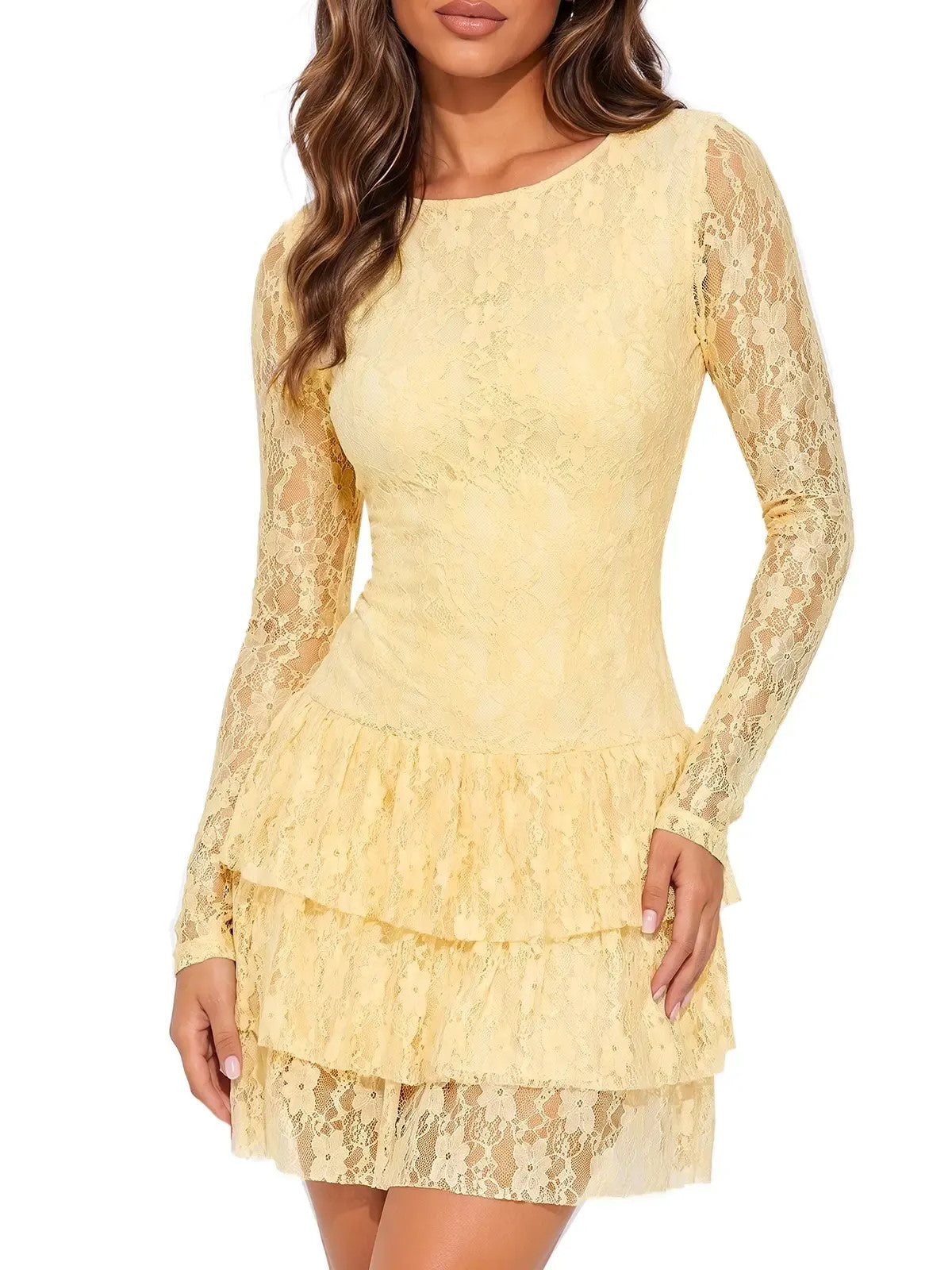 Women's Elegant Lace Long Sleeve Fitted Mini Dress