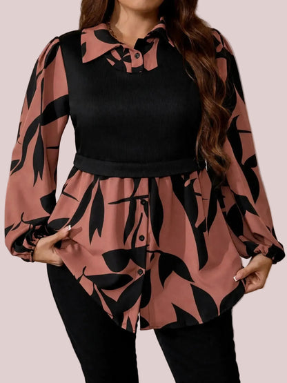 Women's Curvy Fit Long Sleeve Button Front Printed Blouse