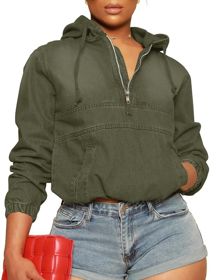 Women's Half Zip Denim Pullover Hoodie With Pockets