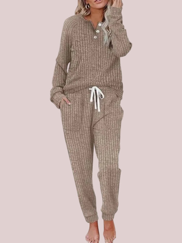 Women's Ribbed Knit Henley Loungewear Set