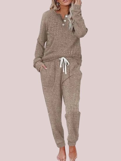 Women's Ribbed Knit Henley Loungewear Set