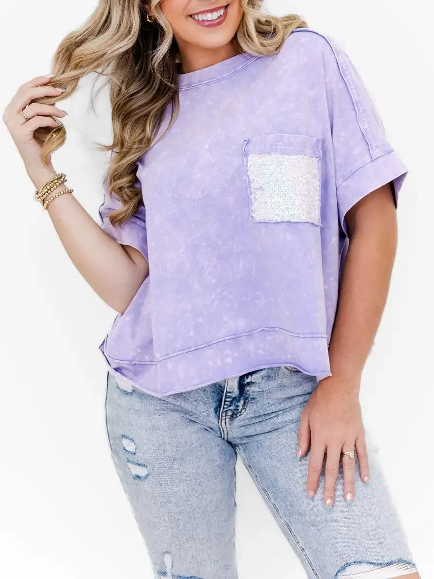 Women's Sequin Pocket Washed Oversized Tee