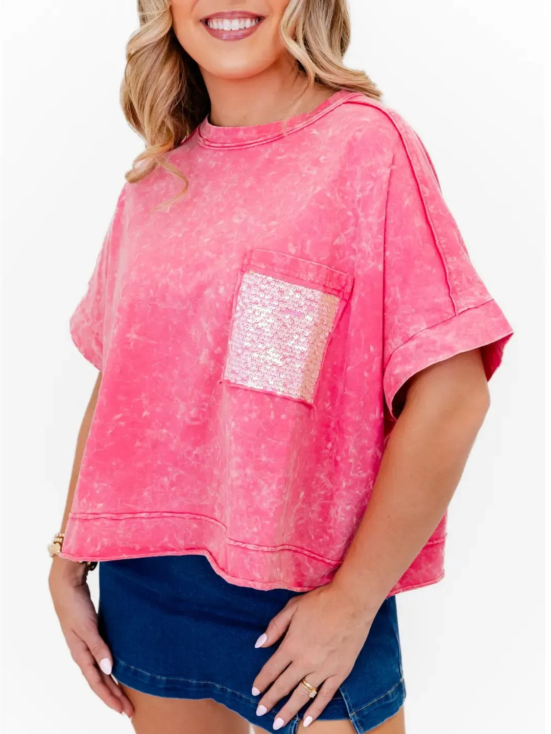 Women's Sequin Pocket Washed Oversized Tee