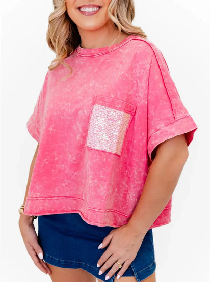 Women's Sequin Pocket Washed Oversized Tee