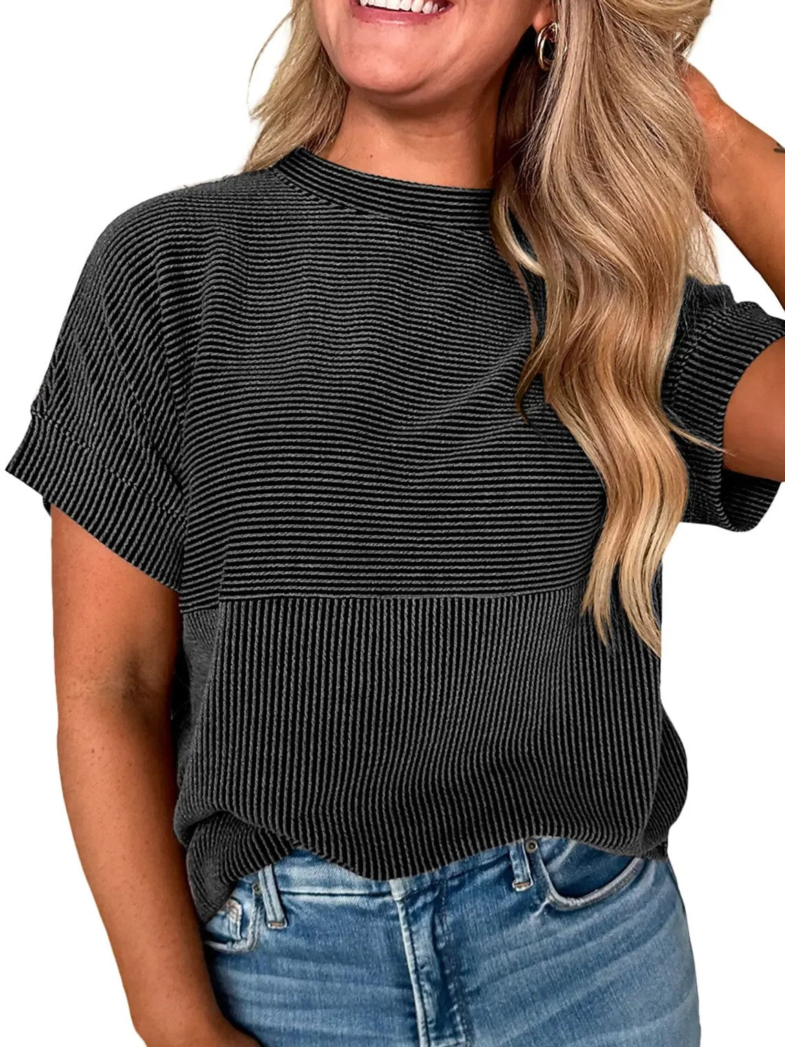 Women's Mixed Texture Striped Crew Neck Tee