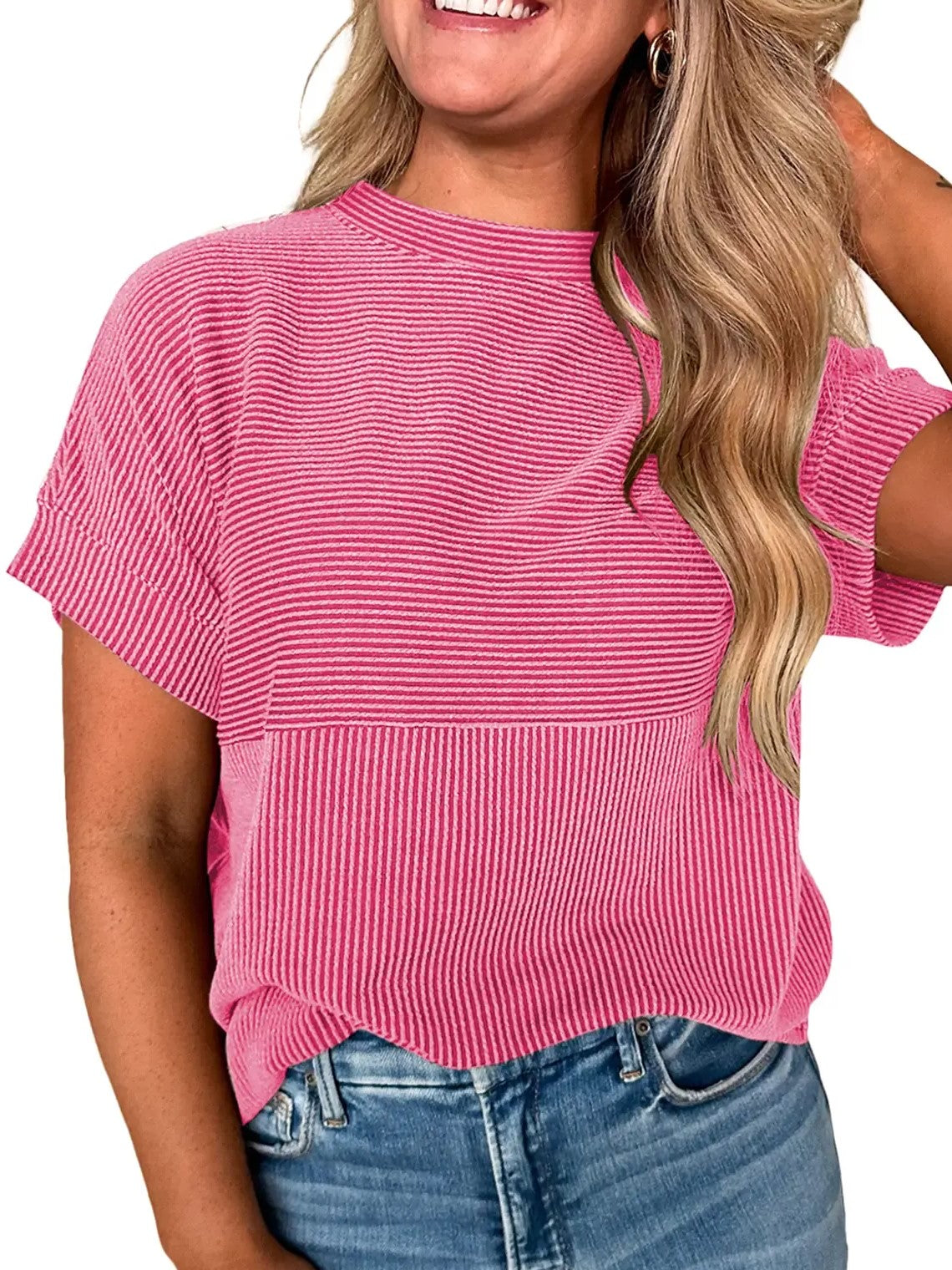 Women's Mixed Texture Striped Crew Neck Tee