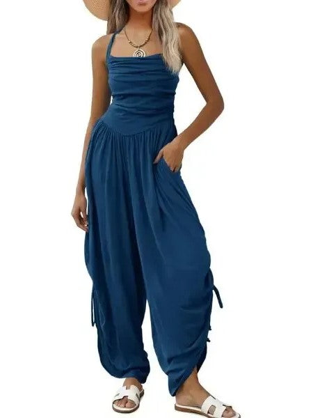 Women's Halter Ruched Wide Leg Jumpsuit