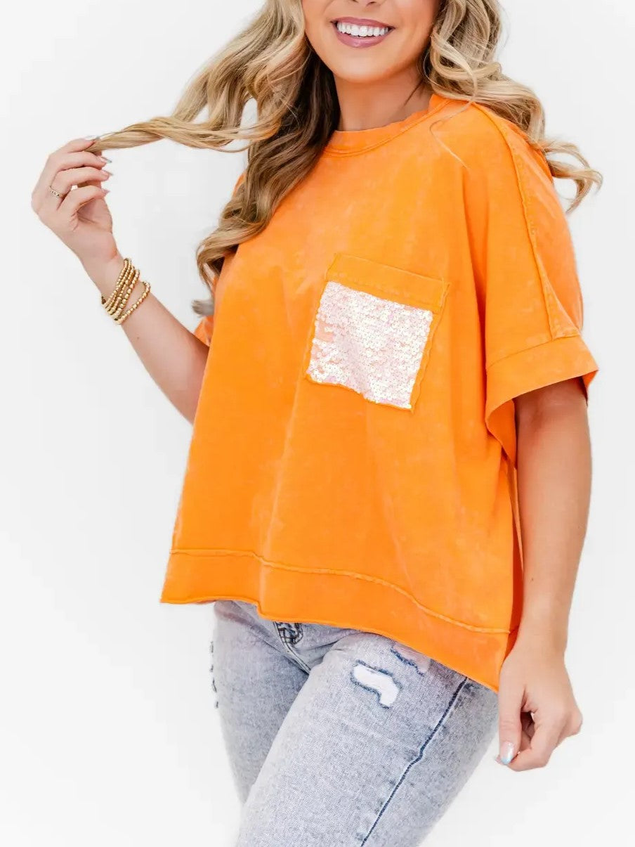 Women's Sequin Pocket Washed Oversized Tee