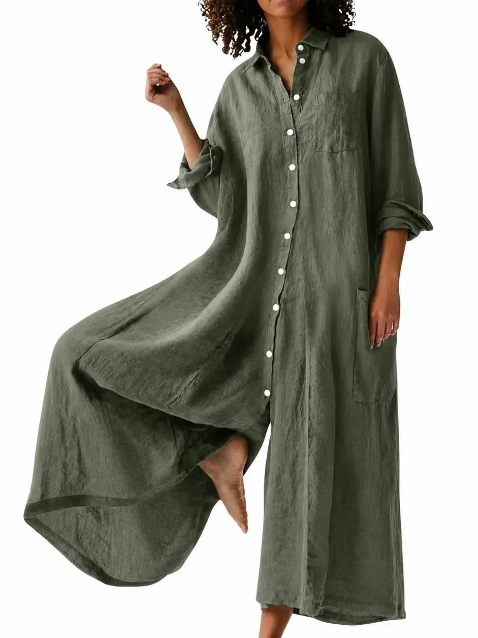 Women's Oversized Linen Shirt Wide Leg Jumpsuit