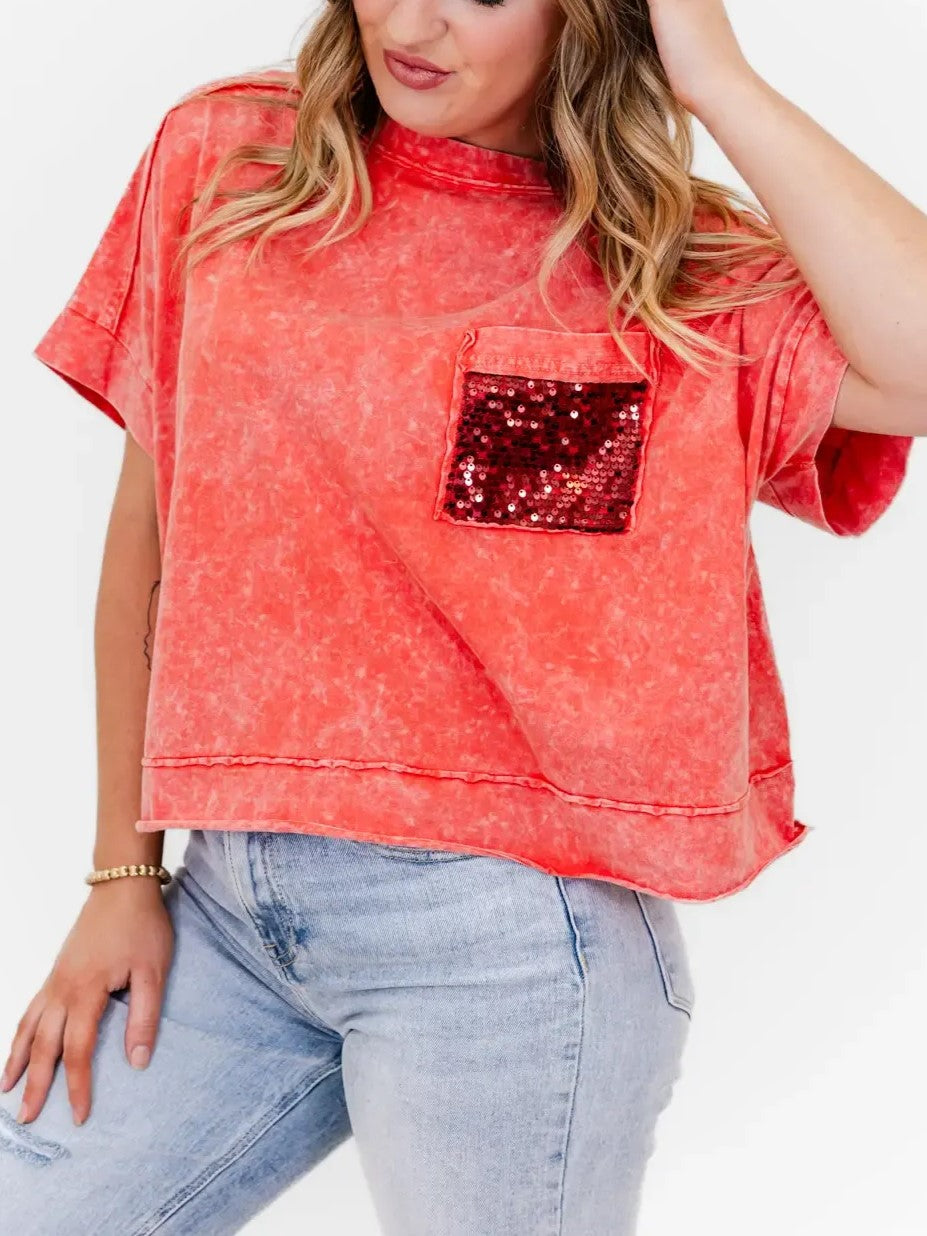 Women's Sequin Pocket Washed Oversized Tee