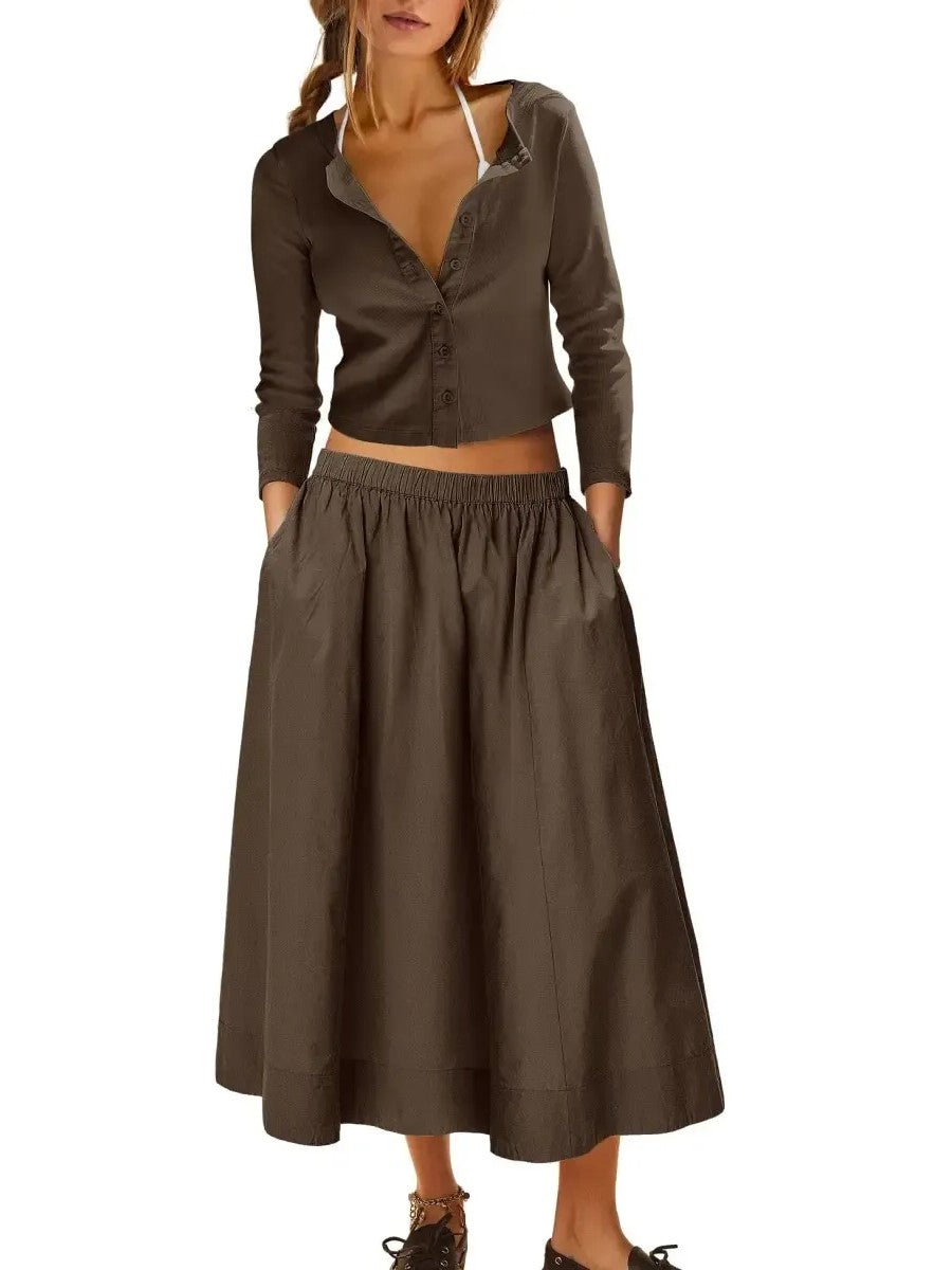 Women's Long Sleeve Crop Top Flowy Midi Skirt Two‑Piece Outfit