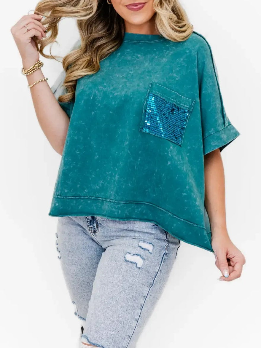 Women's Sequin Pocket Washed Oversized Tee