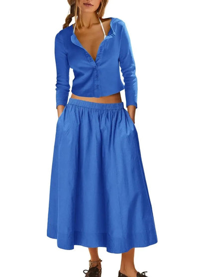 Women's Long Sleeve Crop Top Flowy Midi Skirt Two‑Piece Outfit